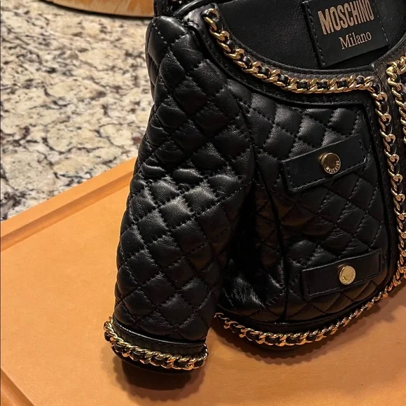 Moschino Black Quilted Mini Jacket Bag with Gold Chain Trim - Picture 4 of 14